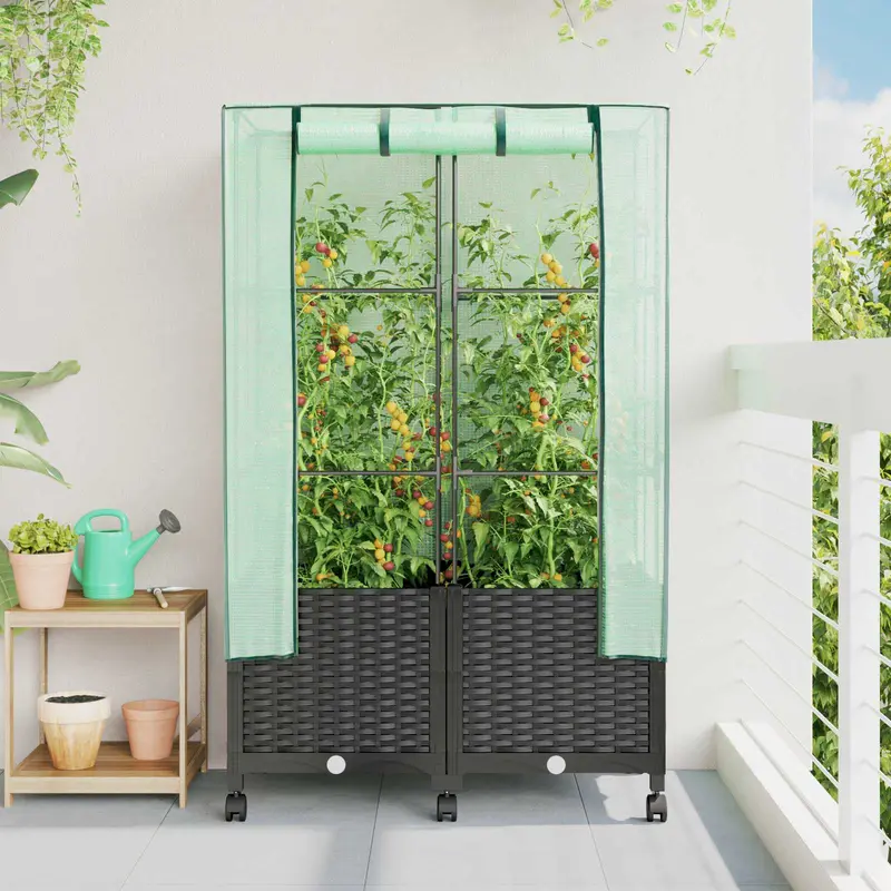 Vidaxl tuinplantenbak met kasbedekking en wielen 2 st zwart pp