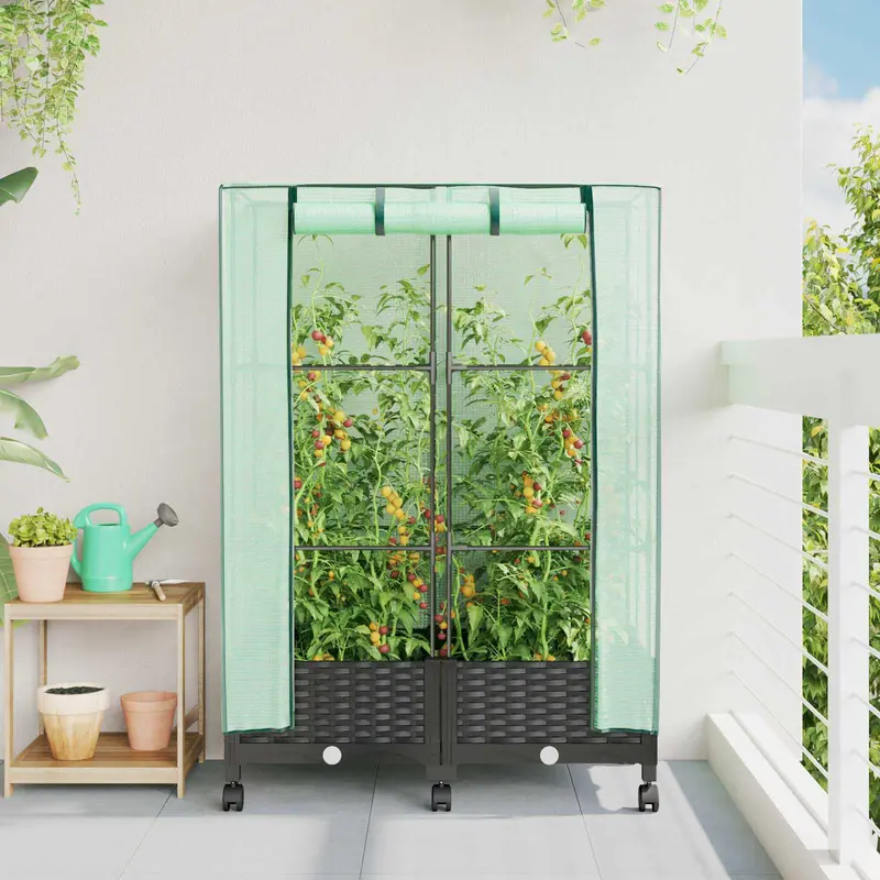 Vidaxl tuinplantenbak met kasbedekking en wielen 2 st zwart pp