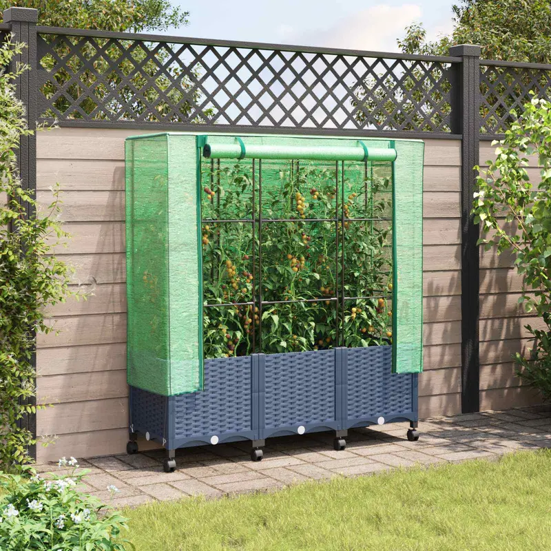 Vidaxl tuinplantenbak met kasbedekking en wielen 3 st blauw grijs pp