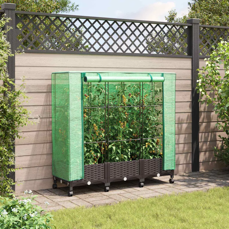 Vidaxl tuinplantenbak met kasbedekking en wielen 3 st bruin pp
