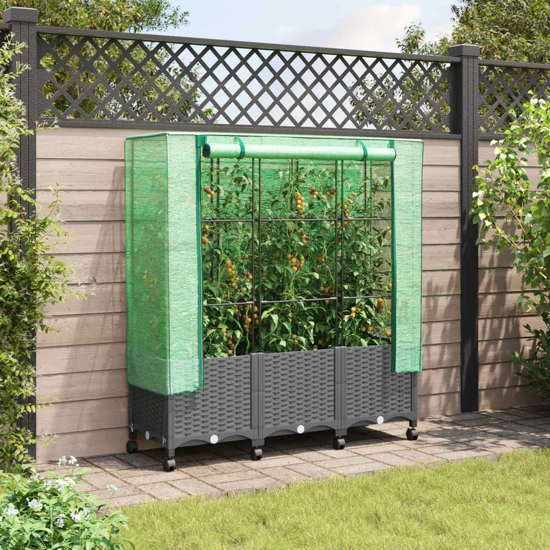 Vidaxl tuinplantenbak met kasbedekking en wielen 3 st lichtgrijs pp