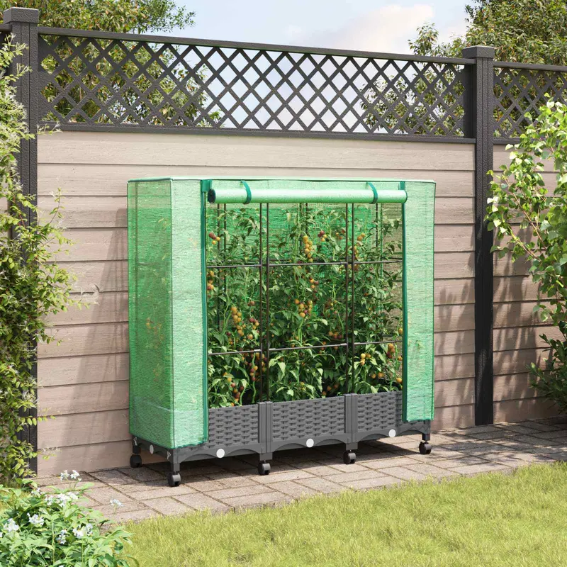 Vidaxl tuinplantenbak met kasbedekking en wielen 3 st lichtgrijs pp