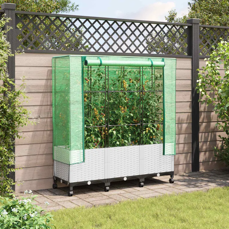 Vidaxl tuinplantenbak met kasbedekking en wielen 3 st wit pp
