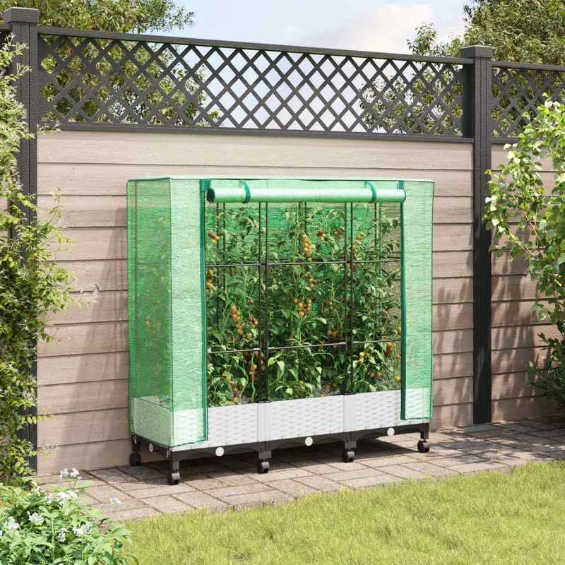 Vidaxl tuinplantenbak met kasbedekking en wielen 3 st wit pp