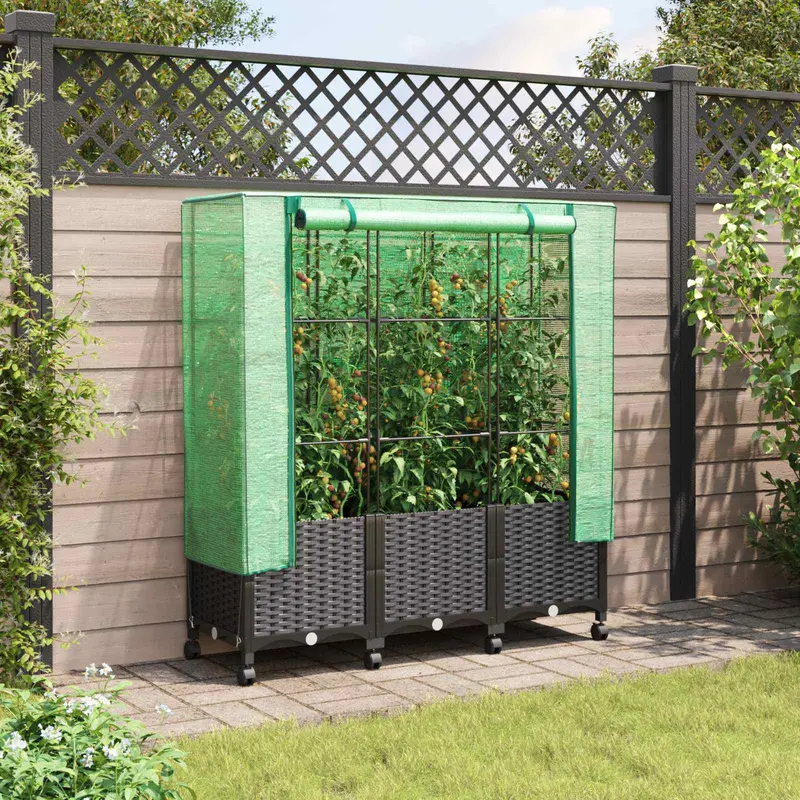 Vidaxl tuinplantenbak met kasbedekking en wielen 3 st zwart pp