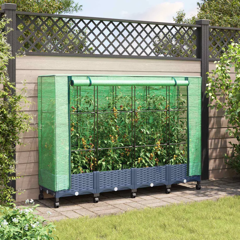 Vidaxl tuinplantenbak met kasbedekking en wielen 4 st blauw grijs pp