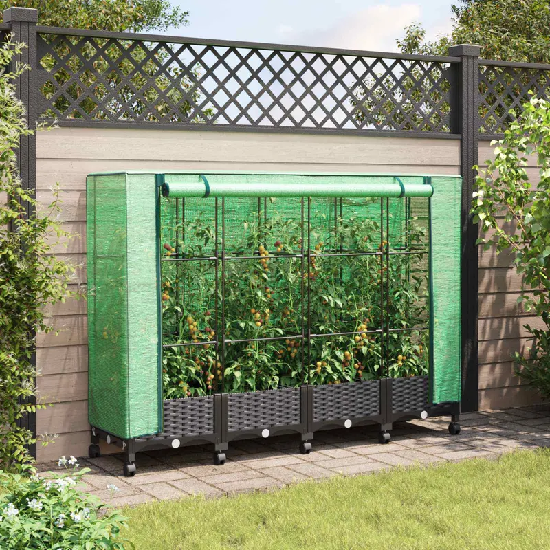 Vidaxl tuinplantenbak met kasbedekking en wielen 4 st bruin pp