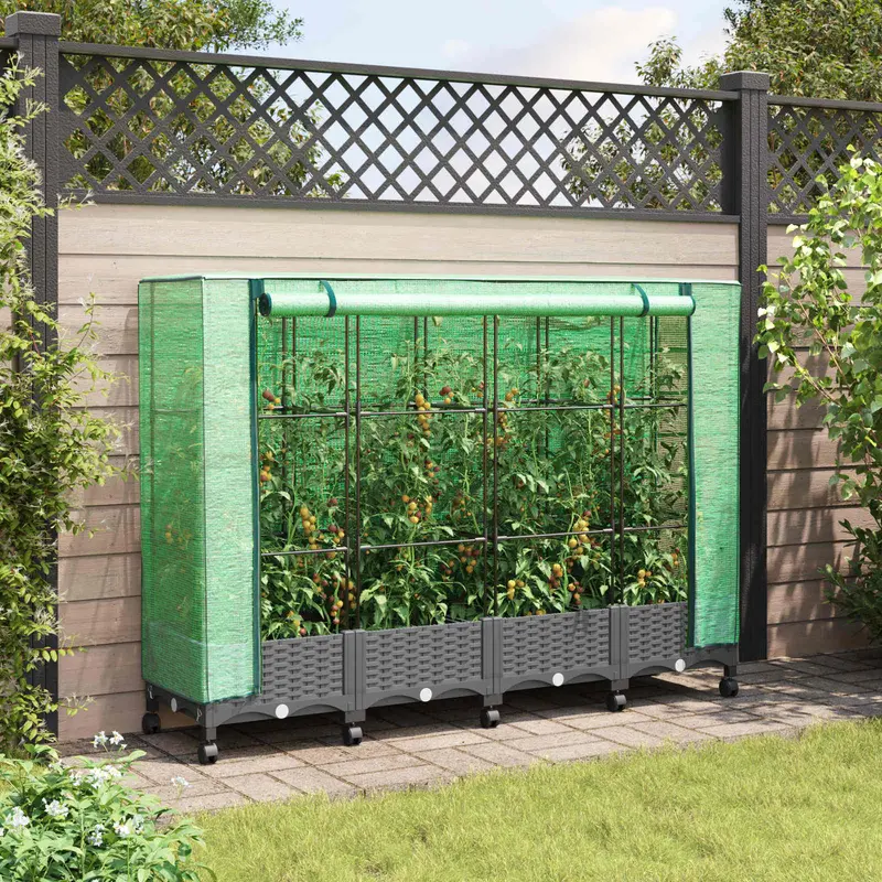 Vidaxl tuinplantenbak met kasbedekking en wielen 4 st lichtgrijs pp