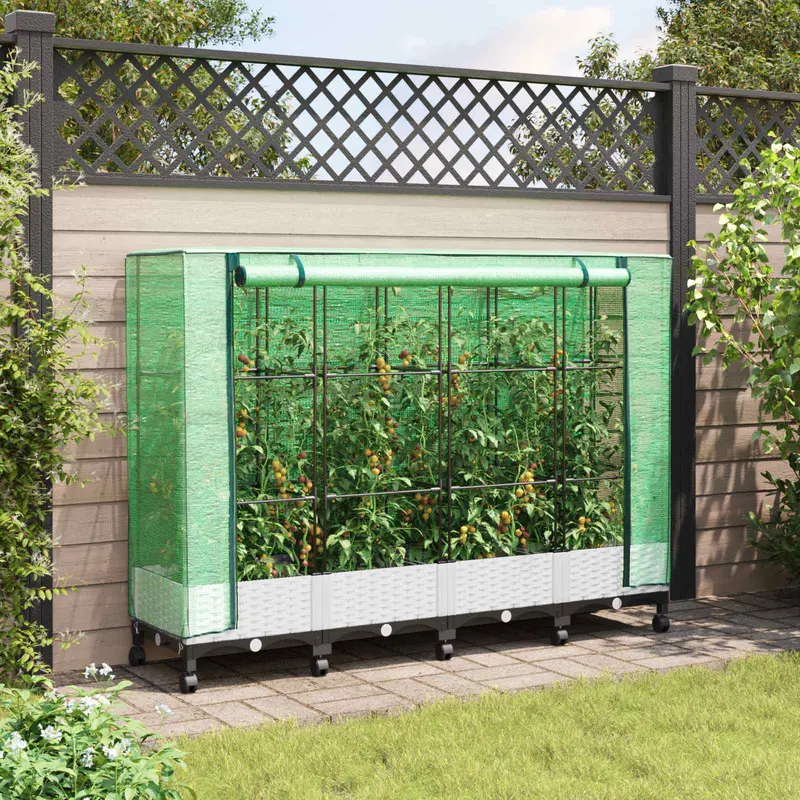 Vidaxl tuinplantenbak met kasbedekking en wielen 4 st wit pp