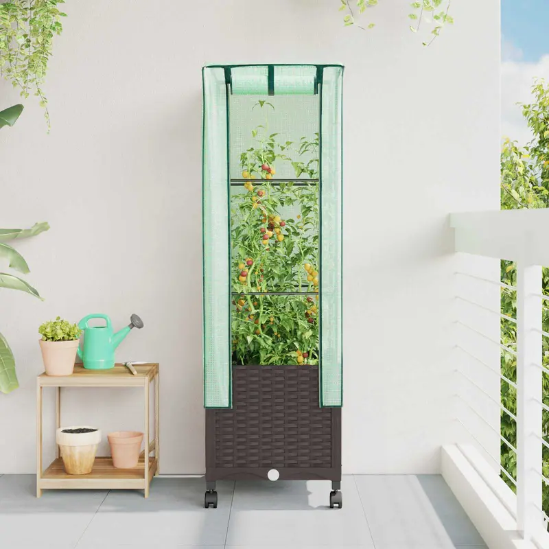 Vidaxl tuinplantenbak met kasbedekking en wielen bruin pp