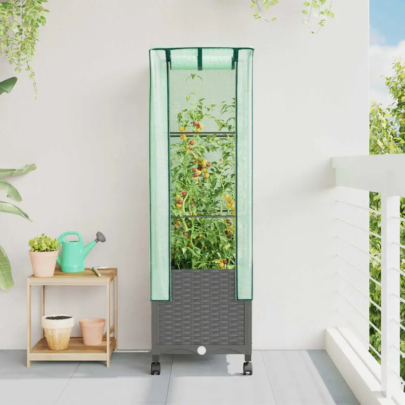 Vidaxl tuinplantenbak met kasbedekking en wielen lichtgrijs pp