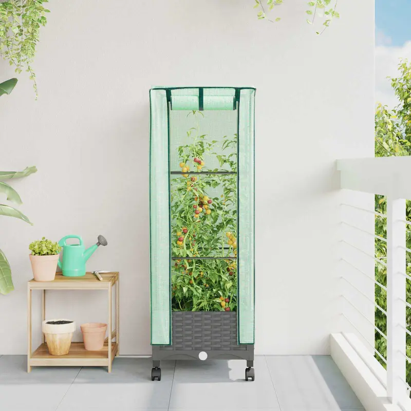 Vidaxl tuinplantenbak met kasbedekking en wielen lichtgrijs pp