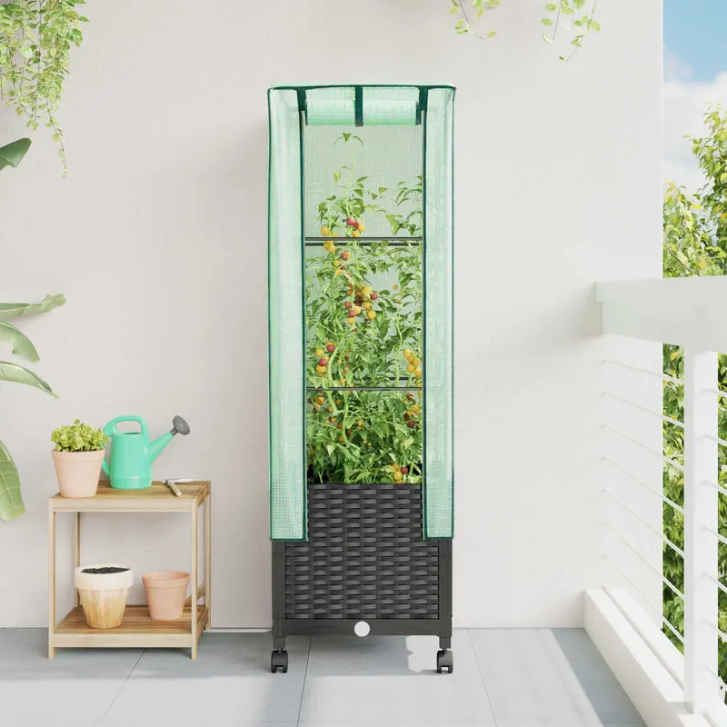 Vidaxl tuinplantenbak met kasbedekking en wielen zwart pp