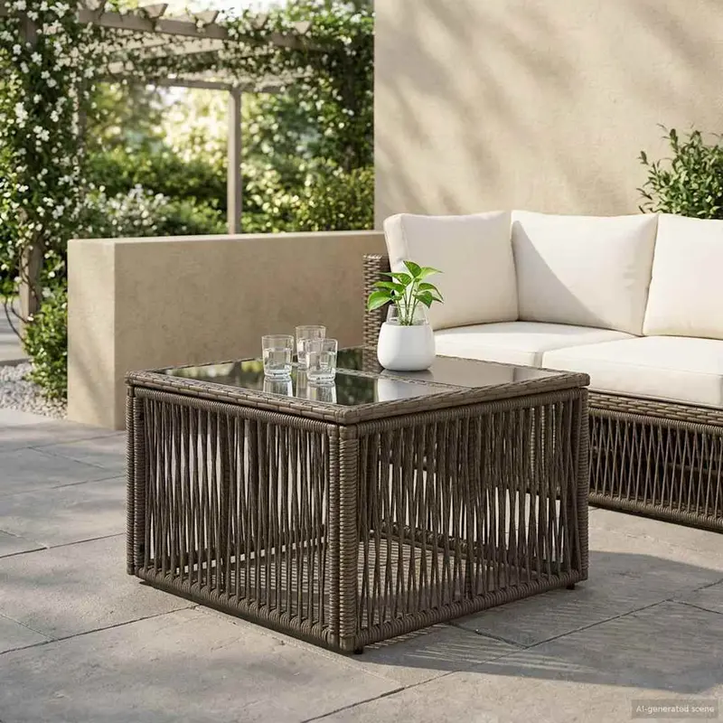 Vidaxl tuinstafel grijs en zwart 55 x 55 x 37 cm pe rattan en glas