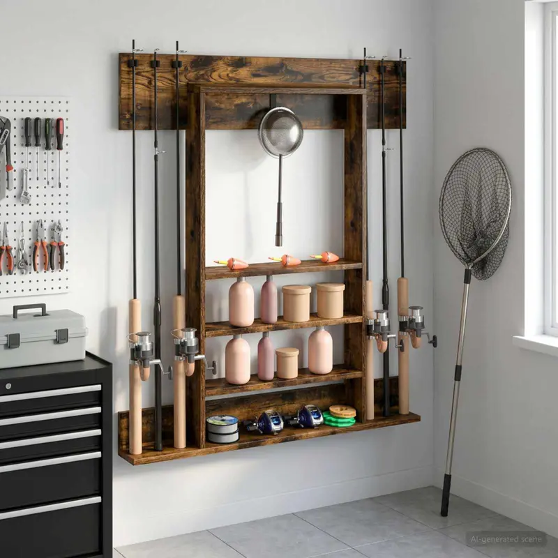Vidaxl wandgemonteerde hengelhouder bewerkt hout 93 x 12 x 103 cm