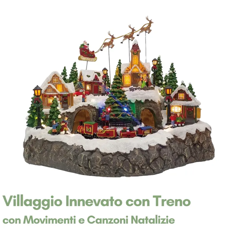 Villaggio di Natale Innevato con Treno Rotante e Albero Illuminato