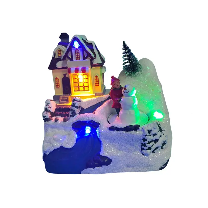 Villaggio natalizio con pupazzo di neve con LED e musica