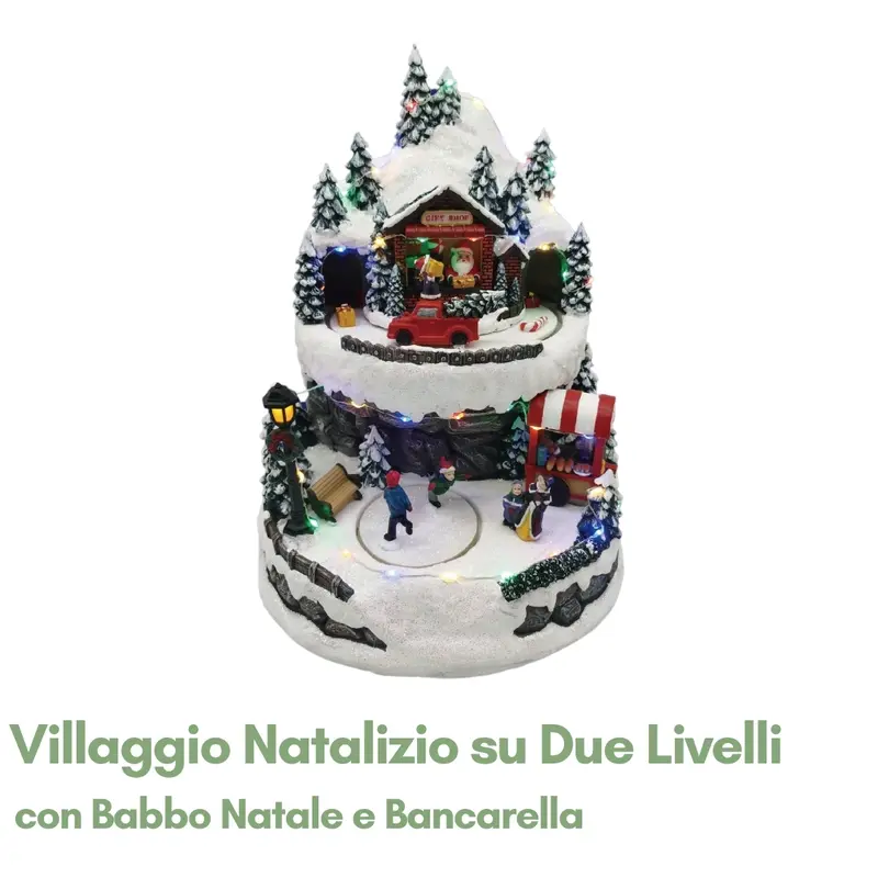 Villaggio Natalizio su Due Livelli con Babbo Natale e Bancarella