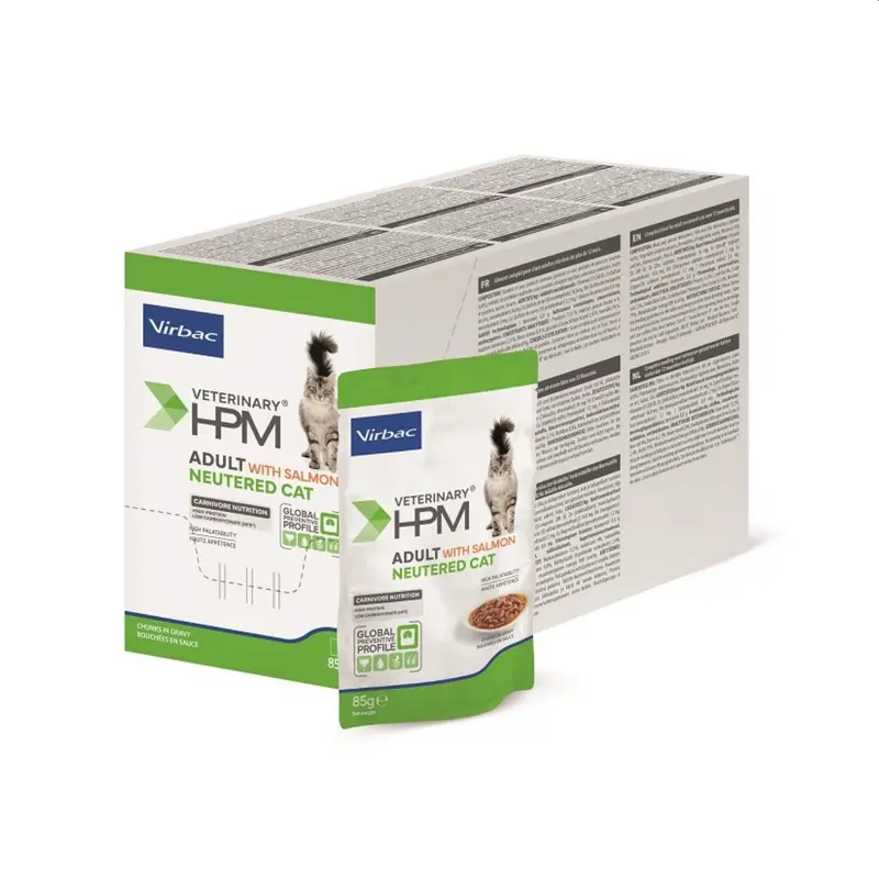 Virbac HPM Adult Neutered Cat con Salmón – Comida Húmeda para Gatos Esterilizados – 12 x 85 g