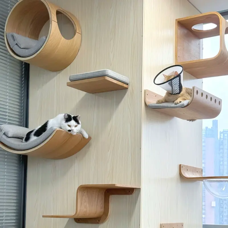 Wall-Mounted Cat Climbing Shelves – Wooden Cat Tree with Platforms, Ladders & Hammocks