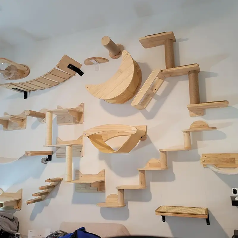 Wall-Mounted Cat Playground – Wooden Cat Shelves, Hammocks, Houses & Climbing Bridges