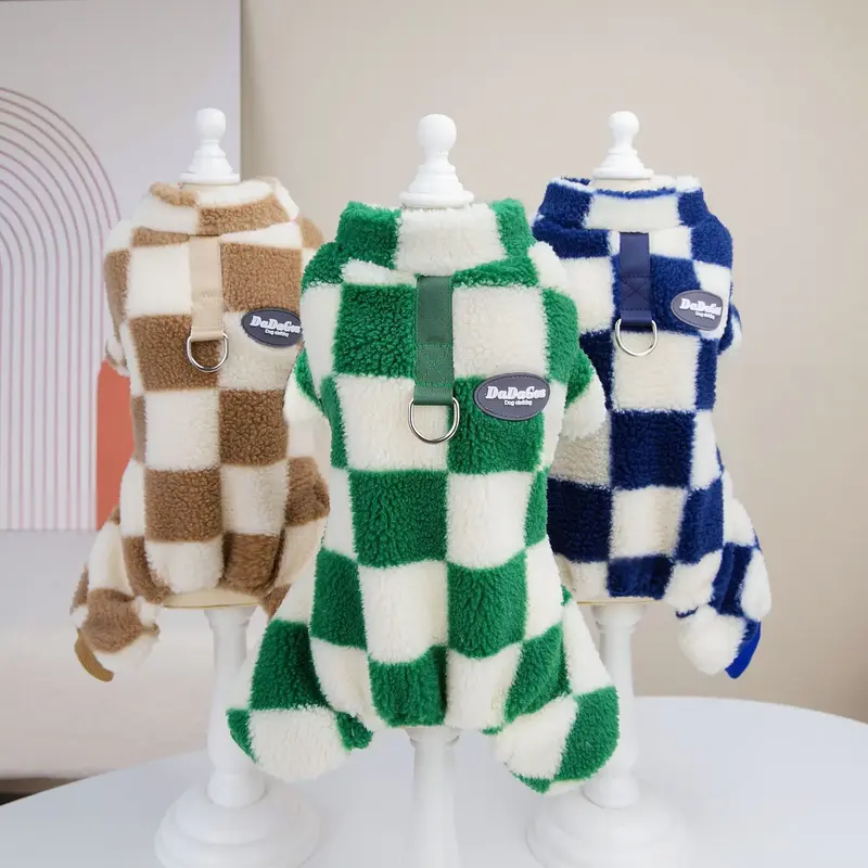Warm Fleece Dog Jumpsuit – Checkered Pajamas for Small Dogs