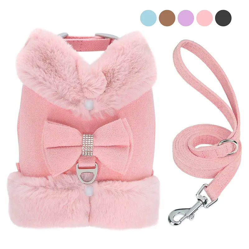 Warm Fur Dog Harness with Leash – Winter Padded Vest for Small Dogs & Cats