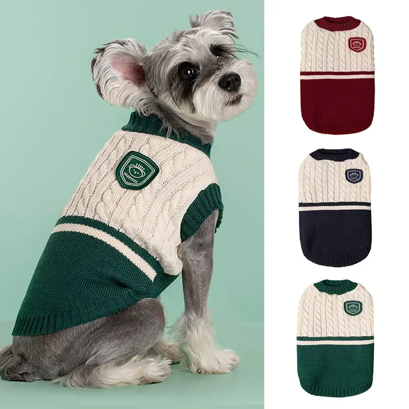 Warm Knitted Dog Sweater – Cozy College Style Pullover Outfit for Small & Medium Dogs