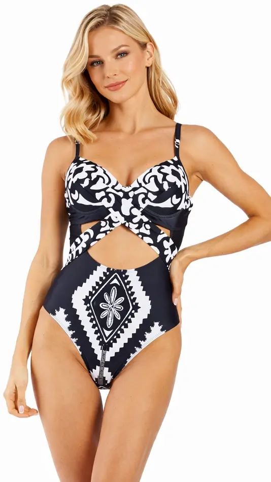Wholesale Black & White Cut-Out One Piece Swimsuit | Boutique Resort Swimwear Supplier