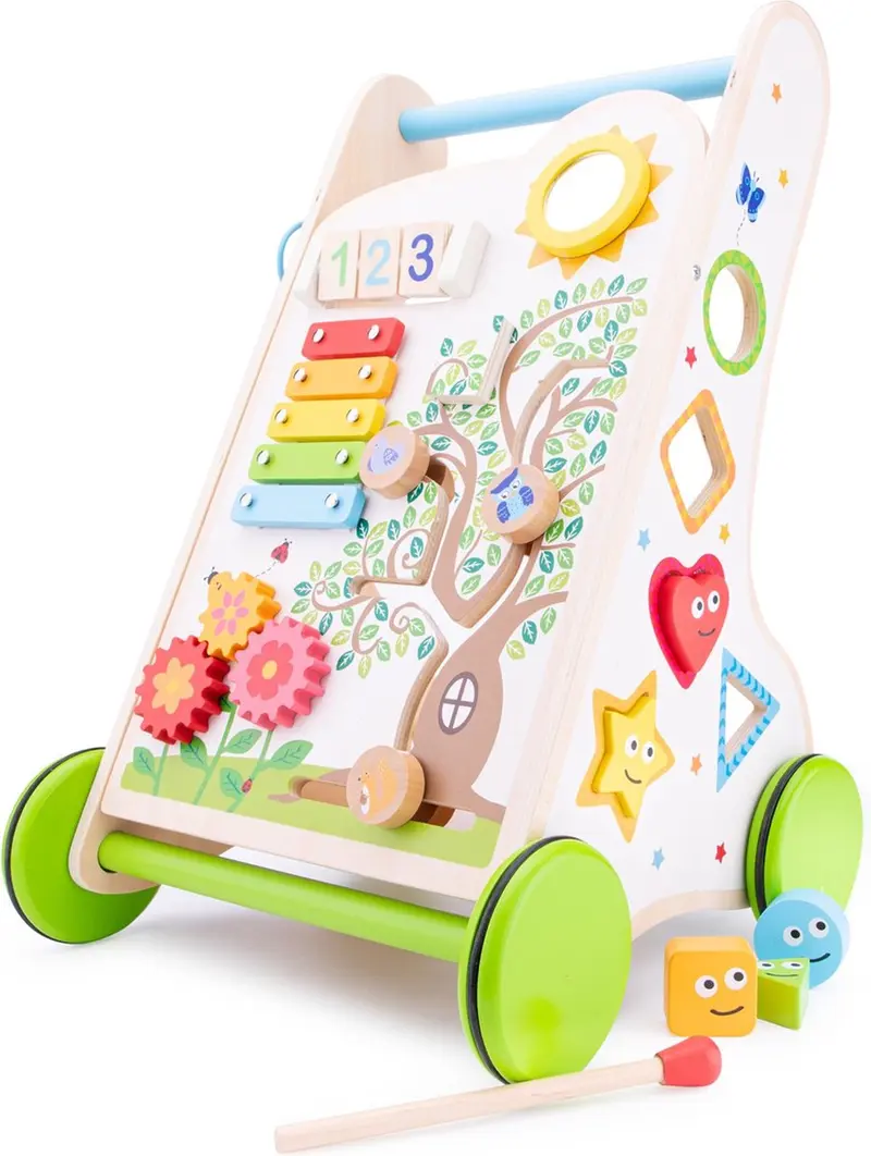 Woet ® houten activiteiten loopwagen - duwwagen met vormen, muziek en spelletjes - babywalker - vanaf 1 jaar