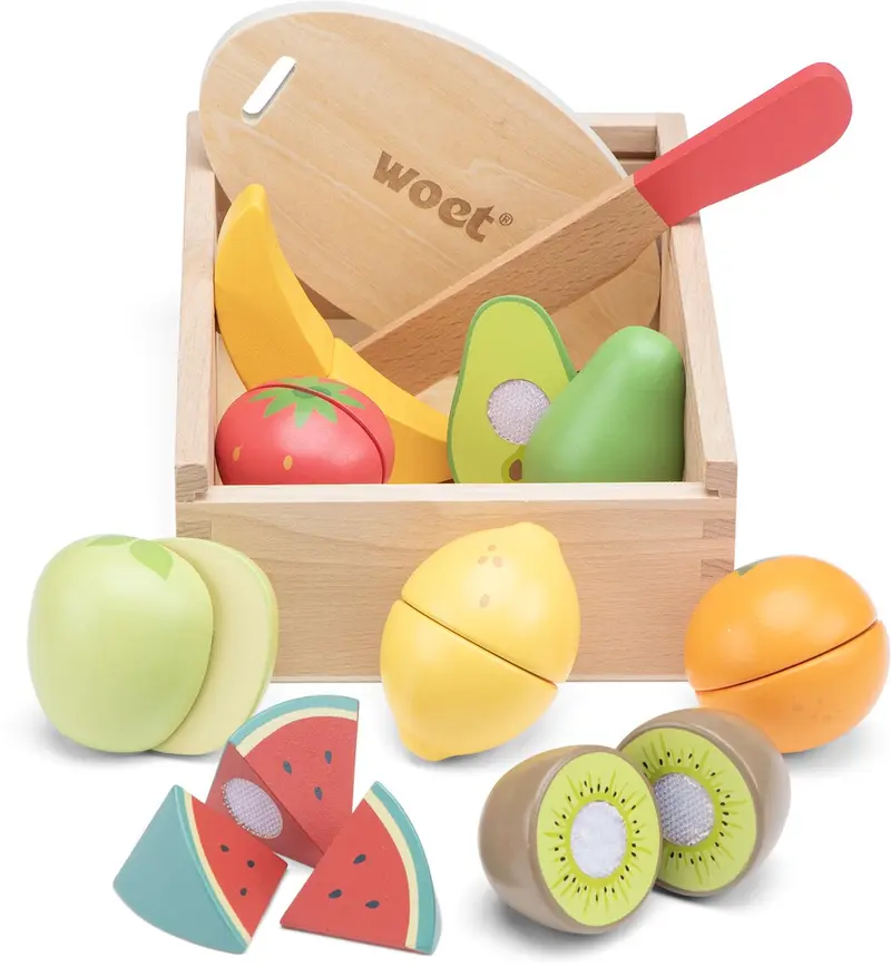 Woet ® houten snijset fruit in opbergdoos - speelset met snijplank, appel, banaan, citroen, aardbei - educatief speelgoedeten - rollenspel keukenspeelgoed - vanaf 2 jaar