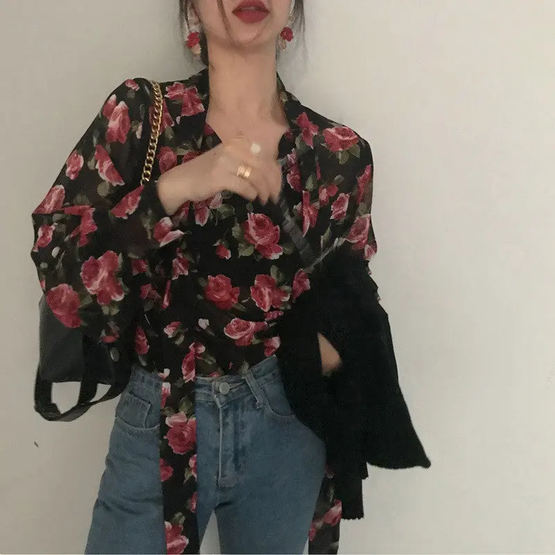 Women’s Retro Floral Chiffon Top