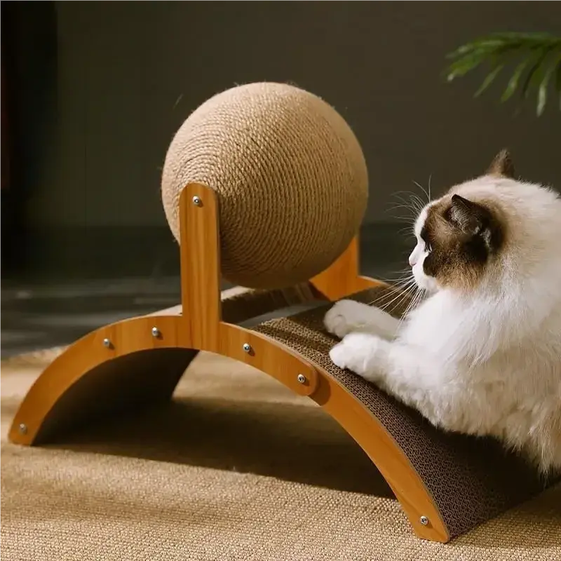Wooden Cat Scratcher with Sisal Ball – 2 in 1 Cat Toy & Board