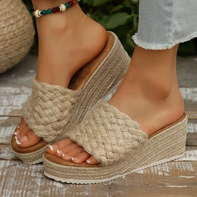 Woven Wide Band Platform Slippers
